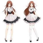  1girl :d apron bangs black_dress black_footwear blush breasts brown_eyes brown_hair closed_mouth collarbone commentary_request danganronpa_another dress frilled_apron frilled_dress frilled_legwear frills full_body hair_between_eyes hair_ribbon high_heels highres legs long_hair looking_at_viewer maid_apron medium_breasts multiple_views open_mouth ppakunak puffy_short_sleeves puffy_sleeves red_ribbon ribbon shoes short_sleeves simple_background smile standing taira_akane thighhighs white_background white_legwear 