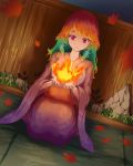  1girl falling_leaves feathers fire full_body hololive hololive_english japanese_clothes kimono leaf looking_down multicolored_hair night outdoors red_eyes red_hair seiza shironekokfp sitting takanashi_kiara virtual_youtuber wooden_wall 