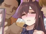  1girl 2boys alcohol bangs bare_shoulders bee_doushi beer black_bow blush bow bowtie brown_eyes brown_hair character_request commentary_request cup face faceless faceless_male fate/grand_order fate_(series) hand_on_another&#039;s_head holding holding_cup long_hair multiple_boys open_mouth short_hair solo_focus striped striped_bow 