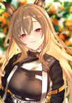  2020 animal_humanoid arknights belt blonde_hair blurred_background breasts canid canid_humanoid ceobe_(arknights) cute_fangs female hair half-length_portrait hi_res humanoid long_hair looking_at_viewer mammal mammal_humanoid portrait red_eyes smile solo yuuki_uyu 