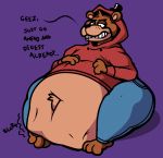  abdominal_bulge annoyed anthro barefoot belly belly_tuft big_belly big_butt bottomwear butt clothing denim denim_clothing digestion digestion_noises exposed_belly five_nights_at_freddy&#039;s freddy_(fnaf) hands_on_stomach hat head_tuft headgear headwear hoodie jacket jeans looking_down machine male mammal ohwhatamidoing oral_vore pants purple_background red_clothing red_topwear robot scott_cawthon simple_background solo solo_focus text thick_thighs top_hat topwear tuft ursid video_games vore 