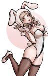  1girl :d animal_ears animal_hood blush breasts bunny_ears bunny_hood bunny_tail commission danganronpa detached_collar fake_animal_ears fake_tail fishnet_legwear fishnets flipped_hair highleg highres hood komatsuzaki_rui_(style) ktokei large_breasts leg_up leotard lipstick looking_at_viewer makeup mole mole_on_breast nanami_chiaki neck_ribbon official_style open_mouth parody pink_eyes pink_hair playboy_bunny ribbon short_hair smile solo strapless strapless_leotard super_danganronpa_2 tail thighhighs upper_teeth 