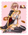  1girl bangs black_cape black_dress black_legwear blonde_hair blush border breasts butter cape cleavage commentary_request double_bun dress food fried_egg full_body fur-trimmed_cape fur-trimmed_dress fur_trim garter_straps hamburger holding holding_food katheryne_keyron licking_lips meatball official_alternate_costume pancake pasta pink_background pizza ragnarok_online red_eyes sail_(sail-away) short_dress short_hair sitting solo spaghetti spaghetti_and_meatballs steak thighhighs tongue tongue_out two-sided_cape two-sided_fabric two-tone_dress wariza warlock_(ragnarok_online) white_border white_dress 