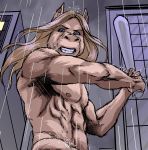  anthro baseball_bat bat_(object) building city clothed clothing equid equine hi_res horse lycanthropeland male mammal outside raining solo topless waist_up were wereequine werehorse 