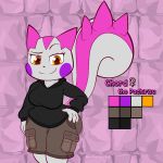  1:1 2020 4_fingers anthro big_breasts big_butt black_clothing black_nose black_shirt black_topwear bottomwear breasts brown_bottomwear brown_clothing brown_shorts butt cargo_shorts chord_the_pachirisu cleavage clothed clothing eyebrows female fingers fluffy fluffy_tail front_view fur gender_symbol grey_body grey_fur hand_on_hip hi_res huge_butt looking_at_viewer model_sheet nintendo orange_eyes pachirisu pink_body pink_fur pok&eacute;mon pok&eacute;mon_(species) purple_body purple_cheeks purple_fur raised_eyebrow shirt shorts smile smirk softestpuffss solo spiked_tail spikes spikes_(anatomy) standing symbol thick_thighs topwear video_games ♀ 