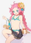  1girl :d bikini blue_bikini blue_eyes blue_neckwear braid bunny child dragalia_lost fang flat_chest flower grey_skirt hair_flower hair_ornament hairclip hand_up long_hair maribelle_(dragalia_lost) navel necktie necktie_removed open_clothes open_mouth open_skirt pink_hair pumpkinspicelatte shirt_removed signature simple_background sitting skin_fang skirt smile solo squirrel swimsuit twin_braids white_background yellow_flower 