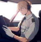  1boy airplane_interior bangs black_neckwear blonde_hair cockpit collared_shirt commentary_request earrings from_side gloves hair_between_eyes headset holding jewelry kise_ryouta kuroko_no_basuke lens_flare male_focus mashima_shima necktie pilot reading shirt short_hair short_sleeves sitting solo twitter_username upper_body white_gloves white_shirt yellow_eyes 