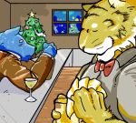  2006 anthro blue_body blue_fur bodily_fluids canid canine christmas christmas_tree clothing crying duo eyes_closed felid fur holidays humanoid_hands inside kemono low_res male mammal pantherine sad shirt sitting tears tiger topwear tree unknown_artist yellow_body yellow_fur 
