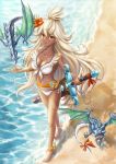  1girl absurdres ankle_ribbon bare_shoulders barefoot beach belt bikini breasts cleavage collarbone cowlick dark_skin dark_skinned_female day dragon flower granblue_fantasy hair_between_eyes hair_flower hair_ornament highres legendpoon long_hair looking_at_viewer medium_breasts midriff navel ocean outdoors red_eyes ribbon scabbard sheath smile solo swimsuit sword tail tail_ornament tail_ribbon very_long_hair weapon white_bikini white_hair zooey_(granblue_fantasy) 