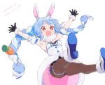  1girl animal_ear_fluff animal_ears armpits arms_up bangs bare_shoulders black_gloves black_leotard blue_hair bow braid breasts brown_eyes brown_legwear bunny-shaped_pupils bunny_ears carrot_hair_ornament detached_sleeves don-chan_(usada_pekora) dress eyebrows_visible_through_hair food_themed_hair_ornament fur-trimmed_dress fur-trimmed_gloves fur_trim gloves hair_bow hair_ornament hololive leotard long_hair machico milestone_celebration multicolored_hair pantyhose puffy_short_sleeves puffy_sleeves shoe_soles short_eyebrows short_sleeves simple_background small_breasts strapless strapless_dress strapless_leotard thick_eyebrows translation_request twin_braids twintails two-tone_hair usada_pekora very_long_hair virtual_youtuber white_background white_bow white_dress white_footwear white_hair white_sleeves 