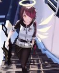  absurdres apple_pie arknights bangs breasts exusiai_(arknights) gun halo highres jacket kriss_vector md5_mismatch pale_skin red_hair resolution_mismatch source_smaller stairs submachine_gun subudraws weapon 