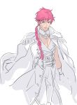  1boy blue_eyes braid closed_mouth coat coat_on_shoulders epaulettes fate/grand_order fate_(series) francis_drake_(fate) genderswap genderswap_(ftm) gloves highres long_hair looking_at_viewer male_focus pants partially_colored pink_hair sankomichi simple_background single_braid solo standing white_background 