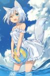  1girl absurdres animal_ears ball bangs beachball blue_sky bob_cut cloud cloudy_sky commentary day dog_ears dog_tail dress droplet frilled_dress frills heterochromia highres holding holding_ball leaning_forward looking_at_viewer mamemochi off-shoulder_dress off_shoulder open_mouth original outdoors short_dress short_hair silver_hair sky smile solo standing sundress tail wading water white_dress 