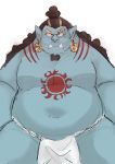  2020 absurd_res anthro asian_clothing belly blue_body clothing east_asian_clothing fangs fish-men_(one_piece) fundoshi hi_res japanese_clothing jinbe l4zily male marine moobs navel one_piece overweight overweight_anthro overweight_male simple_background solo underwear white_background 