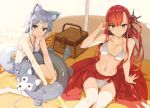  2girls animal_ears arm_support bangs barefoot beach bikini blue_eyes blush breasts cleavage closed_mouth collarbone cura day eyebrows_visible_through_hair floating_hair grey_eyes grey_ribbon hair_between_eyes halterneck highres innertube karen_(koujo_denka_no_katei_kyoushi) koujo_denka_no_katei_kyoushi lidya_leinster long_hair looking_at_viewer medium_breasts multiple_girls navel novel_illustration official_art outdoors red_hair sarong shiny shiny_hair shiny_skin short_hair sidelocks silver_hair sitting smile soles stomach swimsuit tail textless very_long_hair wariza white_bikini wolf_ears wolf_girl wolf_tail 