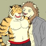  1:1 2006 anthro barazoku clothed clothing duo felid hug humanoid_hands kemono licking lion low_res male mammal open_clothing open_shirt open_topwear pantherine shirt simple_background tiger tongue tongue_out topwear underwear unknown_artist 
