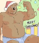  2006 anthro artdecade belly black_nose christmas christmas_clothing christmas_headwear christmas_tree clothing eyewear glasses hat headgear headwear holidays kemono low_res male mammal nipples overweight overweight_anthro overweight_male santa_hat sitting solo text tree underwear ursid 