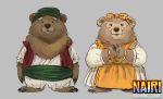 2020 anthro black_nose blush brown_body brown_fur clothed clothing duo fur hi_res homebearstudio mammal nairi:_tower_of_shirin official_art simple_background text ursid video_games 