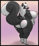  anthro belly big_belly big_breasts big_butt black_body black_border black_fur blue_eyes border breasts butt female fur hair jessica_(coaster14) looking_at_viewer looking_back mammal mephitid nargleflex overweight overweight_anthro overweight_female pink_background simple_background skunk solo white_body white_fur white_hair 