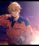  1boy arm_behind_head arm_up bangs black_shirt blonde_hair cloud collarbone commentary_request dirty dirty_clothes dirty_face dusk earrings embers english_text fire_helmet firefighter gradient_sky hair_between_eyes helmet holding holding_helmet jacket jewelry kise_ryouta kuroko_no_basuke lens_flare letterboxed long_sleeves looking_at_viewer male_focus mashima_shima orange_jacket parted_lips shirt short_hair sky solo sun sunlight sunset twitter_username upper_body yellow_eyes 