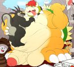  absurd_res anthro belly bowser dinosaur dromaeosaurid duo feeding hi_res hyper incrediblecrocodile koopa male male/male mario_bros musclegut muscular nintendo overweight reptile scalie theropod video_games 