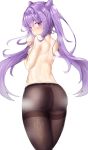  1girl ass back black_legwear blush breasts commentary double_bun from_behind genshin_impact hair_ears highres keqing long_hair looking_at_viewer looking_back medium_breasts pantyhose purple_eyes purple_hair sideboob solo sweat thighband_pantyhose topless twintails very_long_hair wang-haiquan white_background 