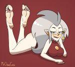  blush disney eda_(the_owl_house) elf feet female hi_res humanoid humanoid_pointy_ears looking_at_viewer lying mrchasecomix not_furry on_front soles solo the_owl_house toes 
