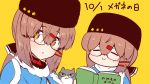  2girls :&gt; :o bangs bespectacled black_headwear blue_shawl blush book brown_eyes brown_hair cat dual_persona glasses glasses_day hair_ornament hairclip hat holding holding_book kantai_collection long_hair low_twintails multiple_girls papakha scarf shawl simple_background smile star_(symbol) tashkent_(kantai_collection) torn_scarf twintails upper_body white_scarf yellow_background yuasa_makoto 