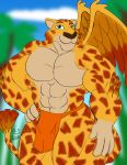  abs anthro bottomwear caseyljones clothed clothing disney elena_of_avalor feathers felid fur green_eyes jaquin loincloth male mammal migs muscular muscular_anthro muscular_male orange_body orange_feathers orange_fur smile solo spots spotted_body spotted_fur wings yellow_body yellow_fur 