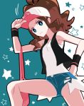  1girl baseball_cap black_vest blue_background blue_eyes blue_shorts brown_hair closed_mouth commentary_request denim denim_shorts frown hat high_ponytail hilda_(pokemon) kanade legs_apart long_hair open_clothes open_vest pink_bag pokemon pokemon_(game) pokemon_bw ponytail print_headwear shirt short_shorts short_sleeves shorts simple_background sleeveless sleeveless_shirt solo standing star_(symbol) starry_background symbol_commentary tank_top thighs tied_hair vest white_shirt wristband 