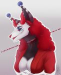  anthro blood bodily_fluids bramble_the_clown(reldal) canid canid_demon clothing clown death decapitation demon female geksuroll gore grin hair hellhound horn makeup mammal red_clothing red_eyes red_hair red_nose smile snuff solo 
