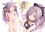  1girl ;o bangs bare_shoulders black_bra black_ribbon bra breasts cat_cutout cat_lingerie clothing_cutout collarbone commentary eyes_visible_through_hair fairy_wings granblue_fantasy grey_hair hair_over_one_eye hair_ribbon hands_on_hips harvin iwao_(pixiv258710) long_hair looking_at_viewer meme_attire multiple_views navel nio_(granblue_fantasy) one_eye_closed panties pink_eyes pointy_ears ponytail ribbon simple_background small_breasts symbol_commentary underwear underwear_only white_background white_bra white_panties wings 