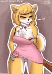  &lt;3 2020 anthro baseball_bat bat_(object) blush bottomless breasts butterscotch_(peargor) canid canine canis clothed clothing collar domestic_dog dress eyes_closed female genitals hi_res mammal nipples no_underwear one_breast_out pussy shiba_inu solo spitz stargazer 