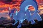  2020 aetherscale_(artist) anus canid canine detailed_background eeveelution female feral genitals hi_res looking_at_viewer looking_back mammal nintendo pok&eacute;mon pok&eacute;mon_(species) pussy rear_view smile solo tongue tongue_out vaporeon video_games wet 