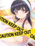  1girl bangs black_hair blurry blurry_background blush breasts caution_tape censored collarbone couch cup depth_of_field eyebrows_visible_through_hair hairband holding holding_cup idolmaster idolmaster_shiny_colors keep_out long_hair looking_at_viewer mayuzumi_fuyuko mug nail_polish nude parted_lips pink_nails red_eyes reward_available shiitake_taishi small_breasts solo stuffed_animal stuffed_toy wooden_floor 