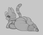  animal_crossing ankha_(animal_crossing) anthro big_breasts big_butt breast_squish breasts butt clothing domestic_cat felid feline felis female hi_res looking_at_viewer lying mammal monochrome nintendo panties raised_tail reddrago side_boob solo squish underwear video_games 