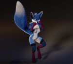  3d_(artwork) angry anthro blue_body blue_fur canid canine clothing digital_media_(artwork) dipstick_tail female fight fighting_pose fox fur gloves_(marking) legwear looking_at_viewer mammal markings mostly_nude multicolored_tail nipples nude pose ruaidri simple_background solo thigh_highs titord 