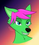  ambiguous_gender anthro bite biting_lip blue_eyes canid canine canis fur green_body green_fur hair hi_res hyperneon_(artist) mammal neon_(hyperneon) pink_hair seductive sharp_teeth solo teeth wolf 