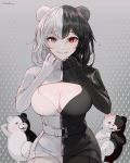  1boy 1girl animal_ears artist_name bear_ears belt black_eyes black_hair blush bodysuit breasts chowbie cleavage cleavage_cutout clothing_cutout danganronpa highres large_breasts monokuma multicolored_hair multiple_boys navel red_eyes short_hair smile stuffed_animal stuffed_toy sweat teddy_bear two-tone two-tone_hair white_hair zipper zipper_pull_tab 