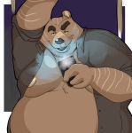  aldrichredon anthro belly big_belly big_moobs black_clothing black_shirt black_topwear brown_body brown_fur chest_tuft clothed clothing dress_shirt eyebrows fur hi_res male mammal moobs open_clothing open_shirt open_topwear overweight overweight_anthro overweight_male phone selfie shirt smile solo stripes_(marking) taking_photo taking_picture thick_eyebrows topwear tuft ursid yellow_eyes 