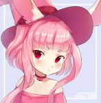  1girl animal_ears artist_name bangs bare_shoulders blue_background blue_border blush border breasts bunny_ears choker cleavage closed_mouth collarbone commentary dated dress ears_through_headwear english_commentary english_text furry hat long_hair looking_at_viewer methynecros off_shoulder original outside_border pink_choker pink_dress pink_hair pink_headwear rabbit_girl red_eyes shiny shiny_hair simple_background small_breasts solo upper_body watermark white_border witch witch_hat 