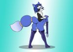  2019 5_fingers anthro black_body black_fur blue_body blue_hair boots canid canine canis clothing clown costume domestic_dog fingers footwear fox fox0808 fur gender_transformation genitals hair hypnosis jewelry krystal mammal mind_control mtf_transformation nintendo pussy standing star_fox suit_transformation transformation tuft video_games white_body white_fur 