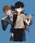  3boys artist_name bangs black_eyes black_hair black_jacket black_pants blonde_hair blue_background blunt_bangs bowl_cut closed_mouth collared_shirt cropped_legs dress_shirt formal frown gakuran grey_jacket grey_pants grey_suit hand_on_another&#039;s_shoulder hand_up highres jacket jitome kageyama_ritsu kageyama_shigeo leeis_cool long_sleeves looking_at_viewer male_focus mob_psycho_100 multiple_boys necktie pants pink_neckwear reigen_arataka school_uniform shirt short_hair simple_background spiked_hair standing suit sweatdrop t-shirt torn_clothes white_shirt 