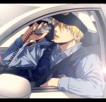  1boy bangs blonde_hair blue_shirt bulletproof_vest buttons car collared_shirt commentary_request dress_shirt earrings from_side ground_vehicle hair_between_eyes hand_up hat holding jewelry kise_ryouta kuroko_no_basuke lens_flare letterboxed long_sleeves looking_to_the_side male_focus mashima_shima motor_vehicle open_mouth police police_car police_hat police_uniform policeman rear-view_mirror shirt short_hair solo teeth twitter_username uniform yellow_eyes 