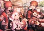  2boys 2girls absurdres animal_ears architecture bangs blurry blurry_background brown_eyes brown_hair cat_ears cat_tail closed_eyes earrings east_asian_architecture facial_mark final_fantasy final_fantasy_xiv g&#039;raha_tia hair_over_one_eye highres huge_filesize hyur japanese_clothes jewelry kimono lalafell mask mask_on_head mihira_(tainosugatayaki) multiple_boys multiple_girls outdoors pink_hair pleated_skirt pointy_ears red_hair short_hair sitting sitting_on_lap sitting_on_person skirt slit_pupils smile tail 