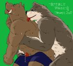  2006 anthro blush bodily_fluids brown_body brown_fur canid canine canis clothing domestic_dog fur genital_fluids genitals green_background japanese_text kemono licking low_res male male/male mammal overweight overweight_anthro overweight_male penis precum simple_background suid suina sus_(pig) text tongue tongue_out underwear unknown_artist wild_boar 