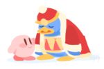  beak bird blue_feathers blush_stickers colored_skin gigi_d.g. girdle happy hat king_dedede kirby kirby&#039;s_dream_land kirby_(series) lowres penguin pink_skin red_headwear robe sad smile source_request standing white_background 
