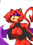  anthro big_breasts bodily_fluids breasts cleavage_cutout clothed clothing domestic_cat ear_piercing ear_ring felid feline felis female hi_res hybrid mammal membrane_(anatomy) monochrome navel piercing saliva spade_tail superbunnygt tongue tongue_out torn_clothing 