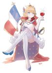  1girl azur_lane blonde_hair blue_eyes blue_footwear cape closed_mouth crossed_legs cup drinking_glass elbow_gloves flag french_flag glass glint gloves hair_ornament high_heels highres holding holding_cup invisible_chair le_triomphant_(azur_lane) looking_at_viewer mismatched_gloves pumpkinspicelatte purple_cape red_cape signature simple_background sitting smile solo striped striped_legwear thighhighs two-sided_cape two-sided_fabric vertical-striped_legwear vertical_stripes white_background white_gloves 