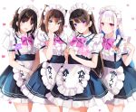  4girls :d absurdres alternate_costume animal_ear_fluff animal_ears apron bangs black_hair black_skirt blue_eyes blue_hair blush bow breasts brown_hair cat_ears center_frills closed_mouth collared_shirt commentary_request enmaided eyebrows_visible_through_hair fish_hair_ornament frilled_apron frilled_shirt_collar frilled_skirt frills fumino_tamaki goroo_(eneosu) green_eyes hair_between_eyes hair_ornament hairclip heart heart_background highres lize_helesta long_hair looking_at_viewer maid maid_headdress multicolored_hair multiple_girls nijisanji open_mouth pink_bow puffy_short_sleeves puffy_sleeves purple_eyes shirt short_sleeves simple_background skirt small_breasts smile standing suspender_skirt suspenders suzuka_utako tsukino_mito two-tone_hair very_long_hair virtual_youtuber white_apron white_background white_hair white_shirt 